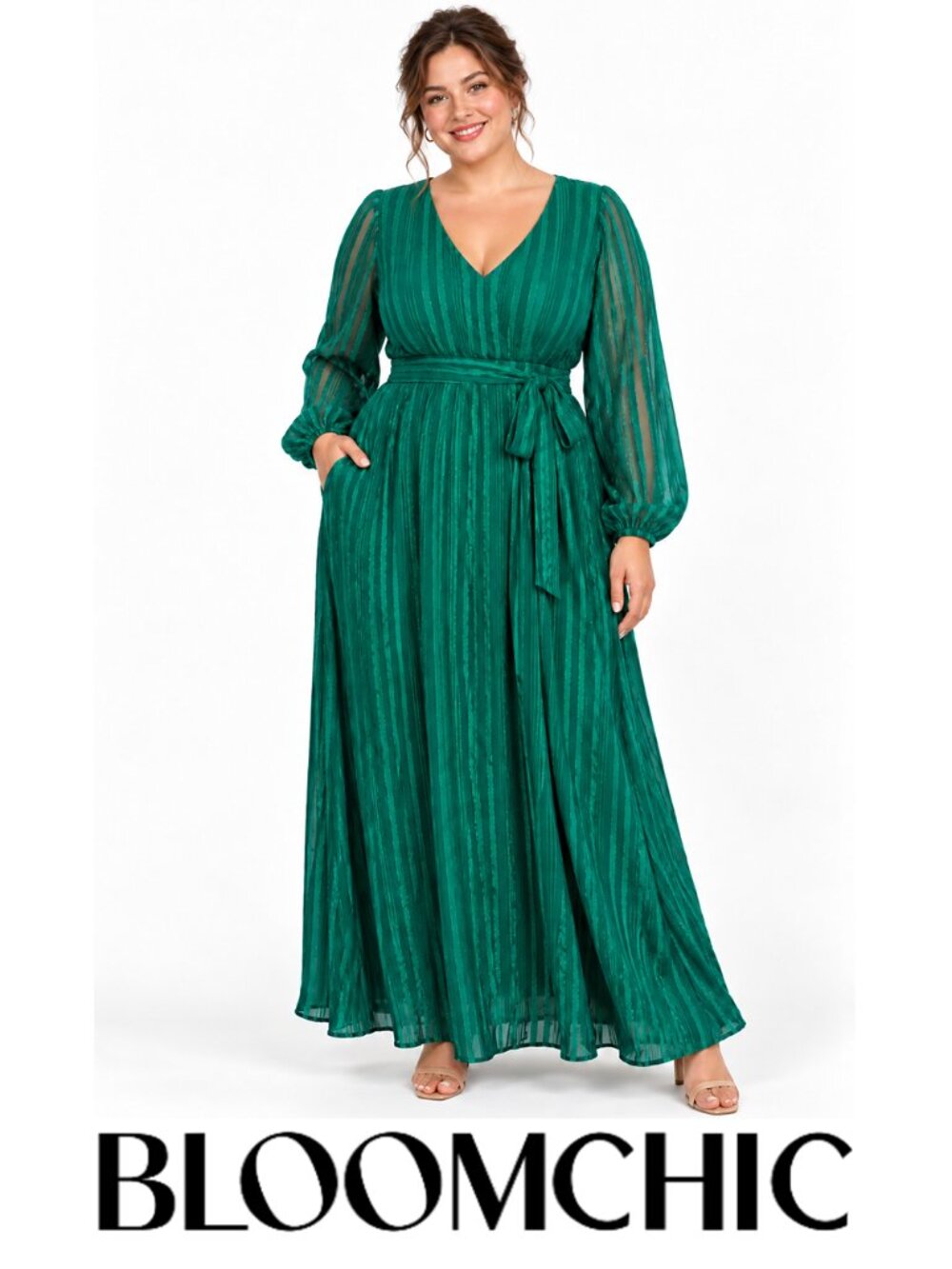 NWT BloomChic 14-16 (1X) Emerald Metallic Stripe Long Sleeve Dress + Pockets